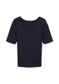 Top a maniche corte in maglia a coste di color blu navy con scollo a V profondo. Il materiale è strutturato, offrendo una silhouette aderente.