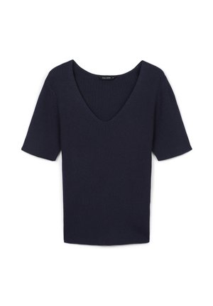 Haut en tricot côtelé bleu marine avec des manches courtes et un décolleté en V profond. Le matériau est texturé, offrant une silhouette ajustée.