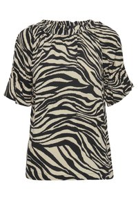 Blusa con stampa zebra nera e crema, caratterizzata da un collo arricciato e maniche corte con volant. Tessuto morbido con un design fluido e una vestibilità comoda.