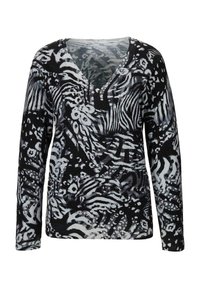 Schwarzer und grauer Strickpullover mit V-Ausschnitt, der ein abstraktes Tiermuster mit Streifen und Flecken auf dem Stoff zeigt.