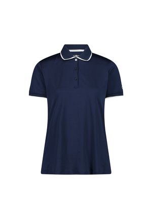 Polo blu navy a maniche corte con rifiniture bianche sul colletto e sui bordi delle maniche, con patta con tre bottoni.