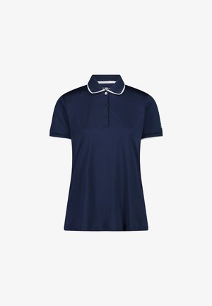 Polo de manga corta azul marino con ribete blanco en el cuello y los bordes de las mangas, con una tapeta de tres botones.