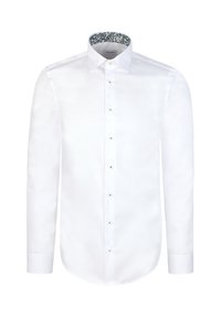 Chemise blanche boutonnée en tissu lisse avec un intérieur de col à motif floral, manches longues et ourlet droit.