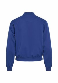 Veste bomber bleue unie à manches longues, avec des poignets, un col et une ceinture côtelés, vue de dos sur un fond blanc.