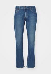 Dámské tmavě modré džíny z denimu s rovnými nohavicemi; mají pět kapes, poutka na pásek a zapínání na mosazný knoflík s kovovým zipem.