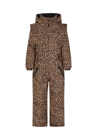 Leopardenprint sneeuwpak in bruin en zwart met een ritssluiting aan de voorkant, capuchon en zijzakken. Beschikt over een comfortabele pasvorm en een gladde textuur.