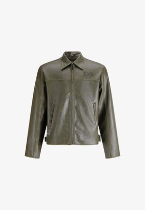 Olive green leather jacket with a front zipper, pointed collar, two side pockets, and subtle branding on the upper left side.