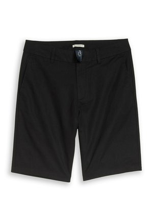 Shorts noirs pour hommes jusqu’aux genoux avec passants de ceinture, poches avant et fermeture éclair, présentés à plat sur fond blanc.