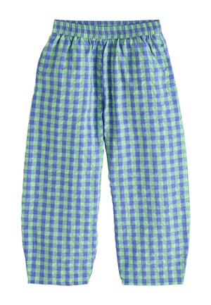 Lockere Hose mit elastischem Bund, mit blau-grün kariertem Muster.