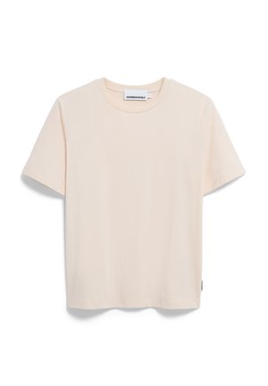 Helles beige T-Shirt mit kurzen Ärmeln aus weichem Stoff, runder Ausschnitt und gerader Schnitt. Etikett sichtbar an der unteren linken Seite.