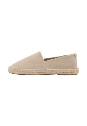 Espadrille beige à enfiler avec un bout arrondi, une semelle enveloppée de jute et une petite languette en tissu au talon.