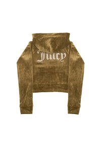 Felpa croppata verde oliva realizzata in morbido velluto, con cappuccio e la scritta "Juicy" in strass sul retro.