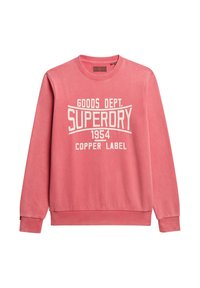 Rosa Baumwoll-Sweatshirt mit Rundhalsausschnitt, langen Ärmeln und weißem Drucktext "GOODS DEPT. SUPERDRY 1954 COPPER LABEL."