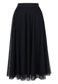 Jupe noire avec une taille ajustée et un superposé en tulle, présentant une silhouette évasée et une texture transparente pour un aspect doux et fluide.