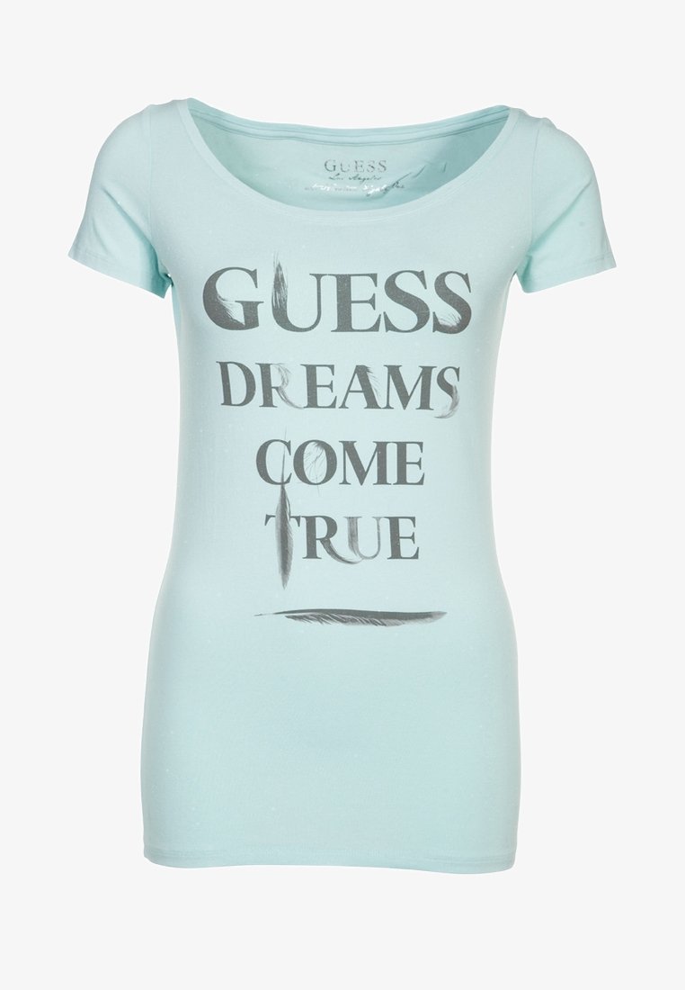Hellblaues, tailliertes T-Shirt aus weichem Stoff mit rundem Ausschnitt und schwarzem Aufdruck "GUESS DREAMS COME TRUE" mit Federakzenten.