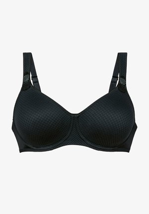 Soutien-gorge noir avec un motif texturé en forme de nid d'abeille. Il dispose de bretelles réglables et d'accents floraux près de l'épaule. Coupes et bande lisses.
