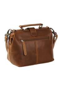 Bruine leren handtas met een gestructureerd ontwerp, een handvat aan de bovenkant, een afneembare schouderriem en een ritsvak op de achterkant.