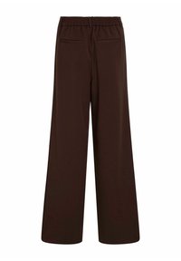 Pantaloni larghi marroni con fascia elasticizzata in vita e due tasche posteriori. Tessuto liscio con una leggera lucentezza, che offre una vestibilità comoda.