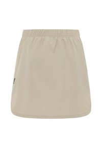 Lichtbeige rok met een elastische tailleband, een gladde textuur, een uitlopende vorm en een ronde zoom, met een klein merketiket aan de zijkant.