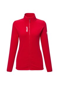 Veste en polaire rouge avec un col montant, des manches longues et une fermeture éclair intégrale. Présente un accent de logo et un tissu texturé pour la chaleur.