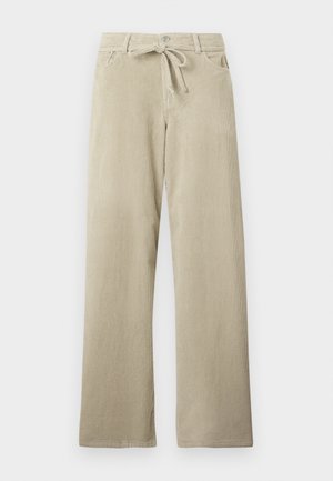 Beige wide-leg corduroy pants with front pockets, button closure, belt loops, and a tied fabric belt at the waist.