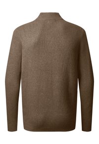 Maglione a maniche lunghe marrone in maglia con colletto, polsini e orlo a coste, mostrato da dietro su uno sfondo bianco.