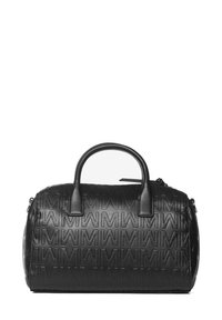 Borsa a tracolla nera in pelle con motivo a logo embossato, forma arrotondata, doppi manici superiori e chiusura con zip. Texture liscia con accessori in metallo robusti.