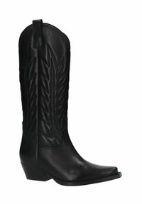 Zwarte leren cowboylaars met een puntige neus, decoratieve stiksel op de schacht en een lage, schuine hak. Glad oppervlak, hoge uitvoering.