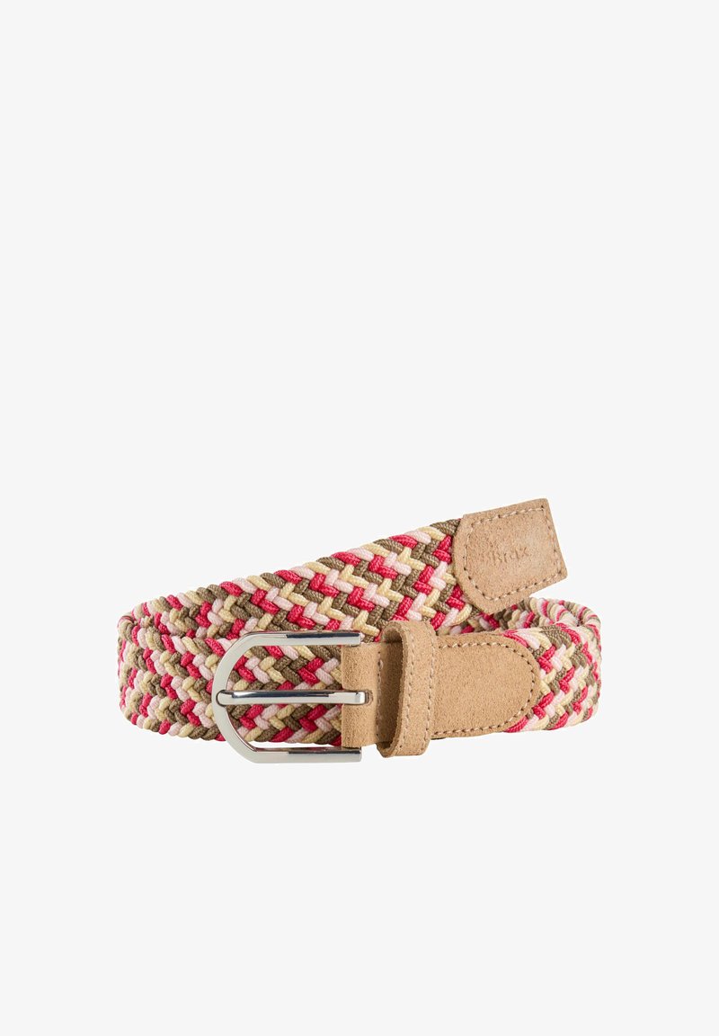 Cintura intrecciata in rosa, beige e verde con una fibbia a doppio gancio in metallo. Tessuto testurizzato e una cinghia simile alla pelle scamosciata per la regolazione.