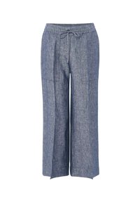 Lightweight, blue linen pants with a loose fit, drawstring waistband, and wide legs. Features side pockets and a subtle texture.