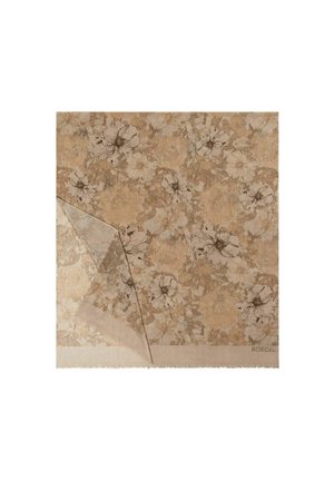 Blumenmuster-Schal in Beige- und Brauntönen, aus weichem, strukturiertem Stoff. Eine Ecke umgeschlagen, um eine Akzentfarbe zu zeigen. Fransenrand.