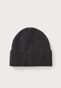 Black ribbed knit beanie with a folded cuff, featuring a small embossed logo on the side. Soft texture, rounded top shape.