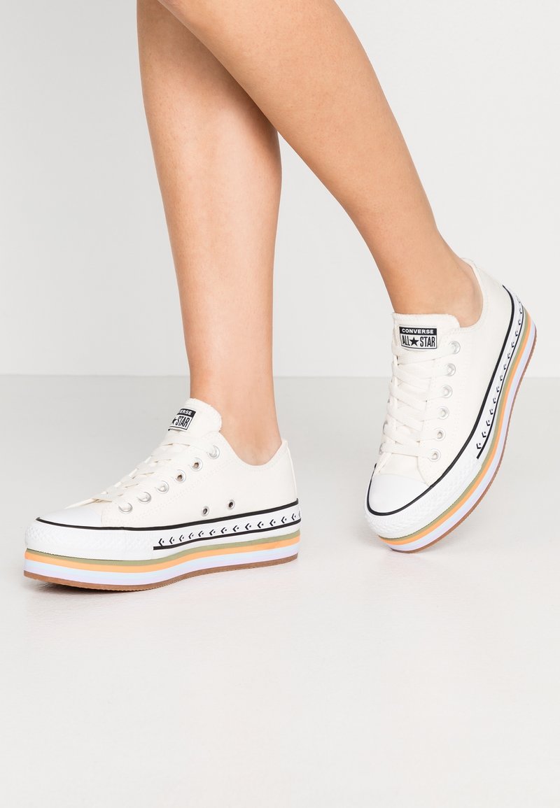 Baskets en toile blanches avec des orteils arrondis, des semelles en caoutchouc texturé et des rayures multi-couleurs horizontales ainsi que des clous le long du midsole.