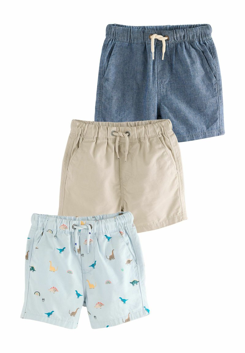 Tre par shorts: mørkeblåt denim, beige bomuld og lyseblå med dinosaur mønstre. Alle har elastiske taljer og snore.