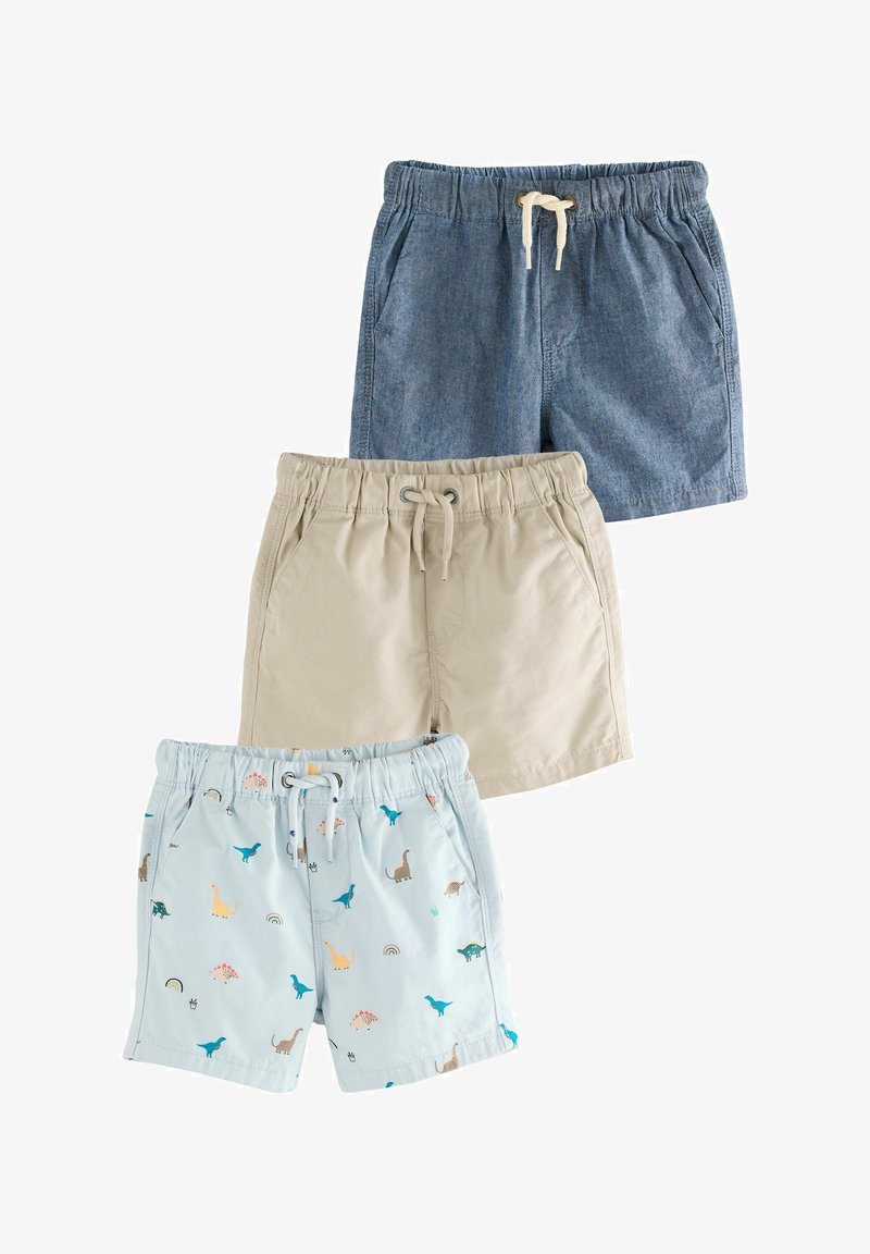 Tre par shorts: mørkeblåt denim, beige bomuld og lyseblå med dinosaur mønstre. Alle har elastiske taljer og snore.