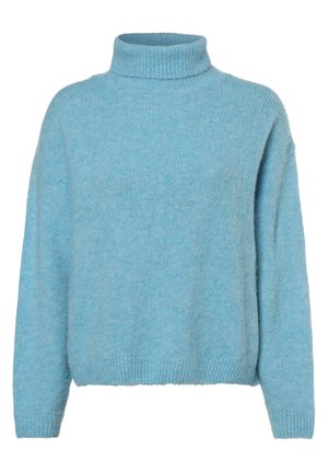 Pull à col roulé tricoté bleu clair avec manches longues et poignets et ourlet côtelés, présenté sur un fond blanc uni.