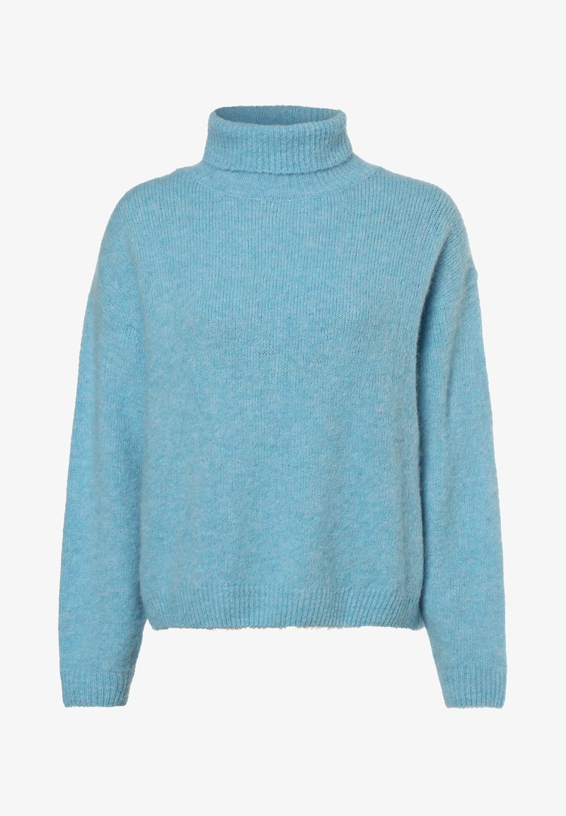 Pull à col roulé tricoté bleu clair avec manches longues et poignets et ourlet côtelés, présenté sur un fond blanc uni.