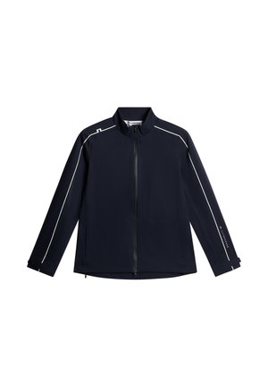 Giacca blu navy con zip, collo alto, maniche lunghe e piping bianco lungo le spalle e le maniche.