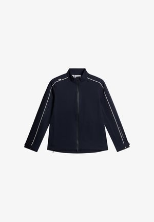 Donkerblauw jack met ritssluiting, hoge kraag, lange mouwen en witte biezen langs de schouders en mouwen.