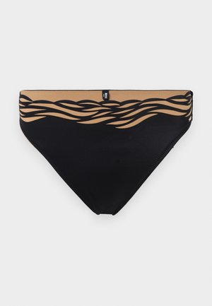 Zwarte bikinibroek met beige tailleband met abstract golfachtig zwart patroon en een klein merkje in het midden bovenaan.