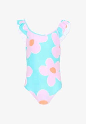 Costume intero con grandi fiori rosa e centri arancioni su sfondo azzurro chiaro, con spalline arricciate.