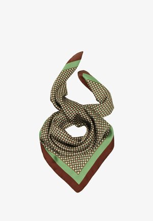 Silk scarf with brown, green, and white geometric chain pattern, folded showing pointed ends and smooth fabric texture.