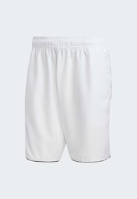 Vita sportshorts med elastisk midja och jämn textur, med kontrasterande kant längs fållen.