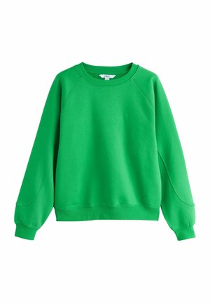 Grüne Sweatshirt mit rundem Ausschnitt, Raglanärmeln und gerippten Bündchen. Hergestellt aus weichem Stoff mit glatter Textur und lässiger Passform.