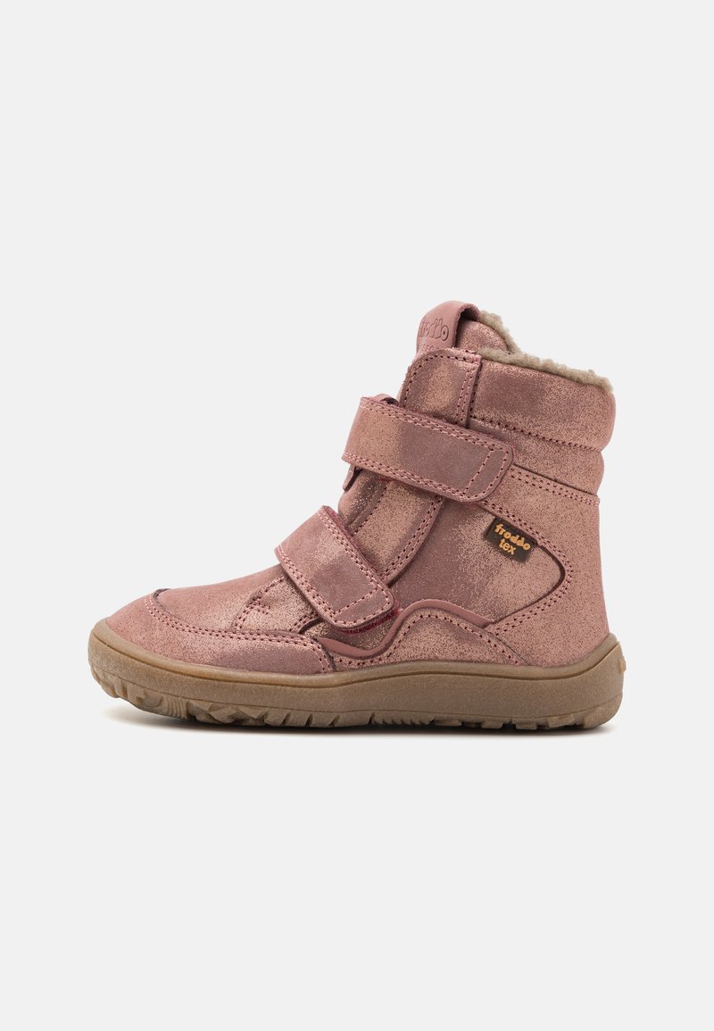 Rožinės kulkšninių botų su Velcro diržais, minkštu pamušalu, tekstūruoto dirbtinio odos viršumi ir guminiu padu, sukurtu komfortui ir palaikymui.