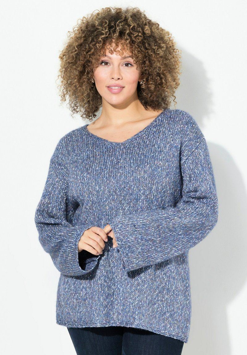 Ulla Popken HEATHER LONG SLEEVE V-NECK - Svetr - navy blue melange