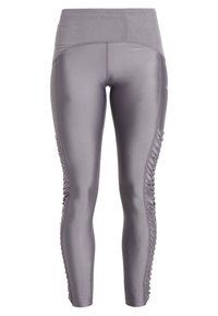 Leggings grises con una textura suave, cintura alta y detalles de volantes a lo largo de los lados. Fabricados con un material ligero y elástico.