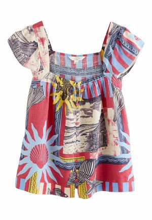 Bluza colorată din in cu mâneci bufante, având modele cu scoici, pești și soare în roșu, albastru, galben și bej și nasturi în față.