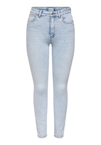 Φωτεινά μπλε τζιν ψηλόμεσο skinny με κουμπί μπροστά, φερμουάρ, θηλιές για ζώνη και πεντάτσεπη σχεδίαση.