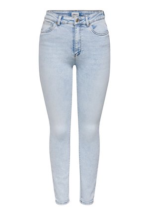 Φωτεινά μπλε τζιν ψηλόμεσο skinny με κουμπί μπροστά, φερμουάρ, θηλιές για ζώνη και πεντάτσεπη σχεδίαση.